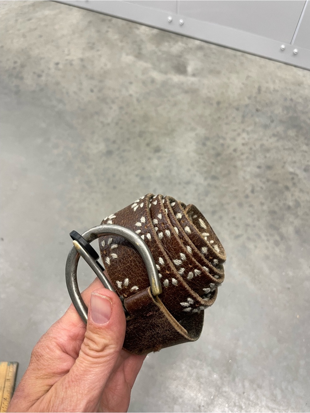 Brown Leather Belt with White Stitching and D-Ring Buckle